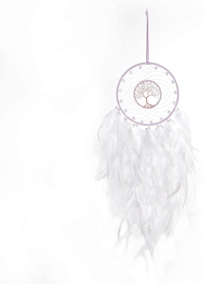 Dreamlike White Tree of Life Dream Catcher Wall Decor with Healing Crystal Stone Handmade Feather Dream Catchers Decoration Wall Hanging for Girls Bedroom Living Room Wedding Party Home Décor