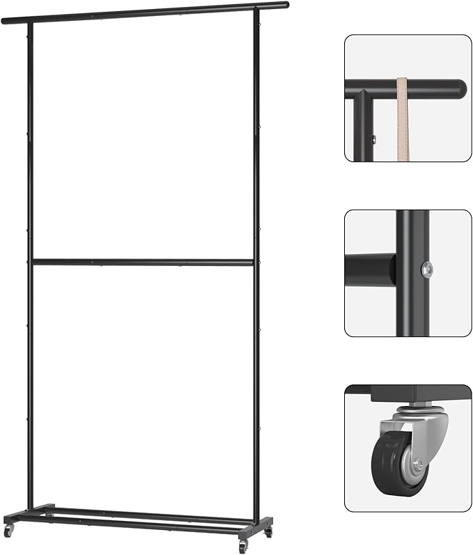 Sywhitta Double Rod Clothing Garment Rack, Rolling Clothes Organizer on Wheels for Hanging Clothes, Easy to Assemble, Adjustable, Black