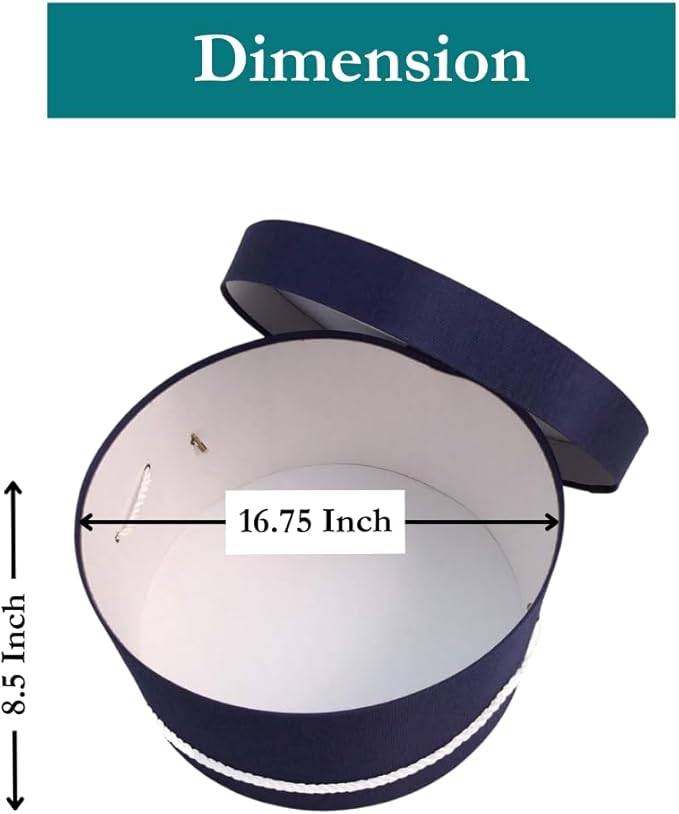 Sarah's Hat Boxes Classic Navy Hat Box – 16.75" x 8.5" (Dia. x Ht.) Handmade in USA – Odorless Non-Toxic Adhesive, Cording Handle – Premium Storage for Hats & Accessories