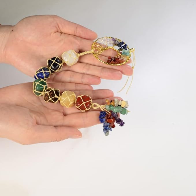 Handmade Crystal Window Car Hanging Ornaments 7 Chakra Home Decoration Feng Shui Ornament Yoga Meditation Car Decoration Tumbled Palm Stones (Tree of Life)