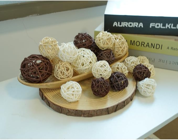 Qingbei Rina 20 PCS Wicker Rattan Balls,Decorative Balls for Bowls,Vase Filler for Centerpieces,Decorative Orbs Woven Spheres,Bowl Fillers Decor(Beige Brown White)