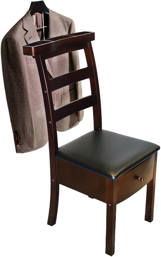 Wood Chair Valet Stand With Hanger Trouser Bar, Top Storage Tray Wardrobe, Clothing Rack Chair Valet With Cushion Wardrobe Men Women Standing Suit Valet for Hotel, Commercial(Dark Brown)