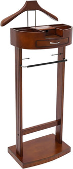 Wood Suit Rack, 22.05 Lbs Wooden Clothes Valet Stand, Freestanding Clothing Valet Stand Suit with Multi-compartment Tray & Drawer for Bedrooms Living Rooms Hallways (Brown)