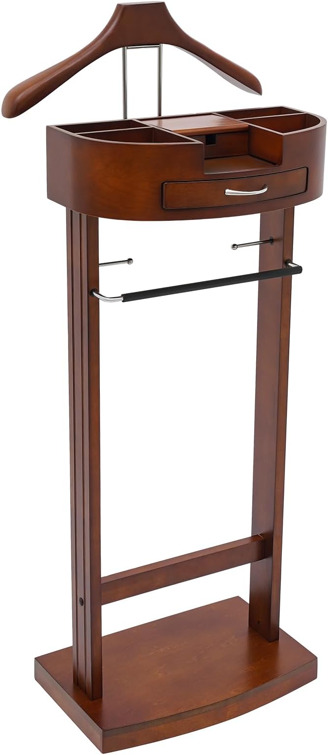 Wood Suit Rack, 22.05 Lbs Wooden Clothes Valet Stand, Freestanding Clothing Valet Stand Suit with Multi-compartment Tray & Drawer for Bedrooms Living Rooms Hallways (Brown)