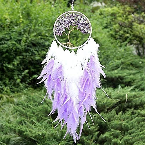 Pretty Jolly Fairy Purple Tree of Life Dream Catcher Wall Decor with Healing Crystal Stone Handmade Feather Dream Catchers Decoration Wall Hanging Ornaments for Bedroom Wedding Party Home Decor-25.6"