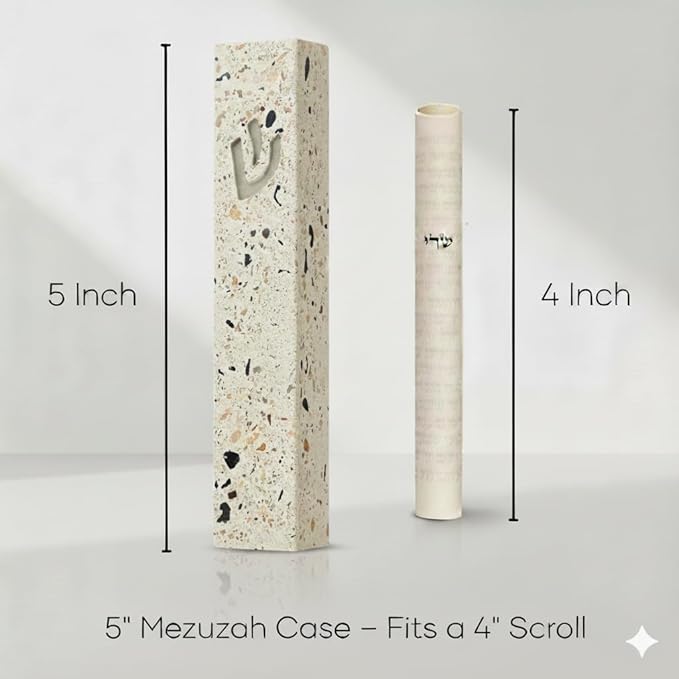 SURI Mezuzah Case – 5 Inch Terrazzo Cream and Pink Concrete Jewish Door Mezuza Cover with Printed Scroll, Self-Stick Adhesive, Fits a 4 Inch Scroll, Gift Box Included