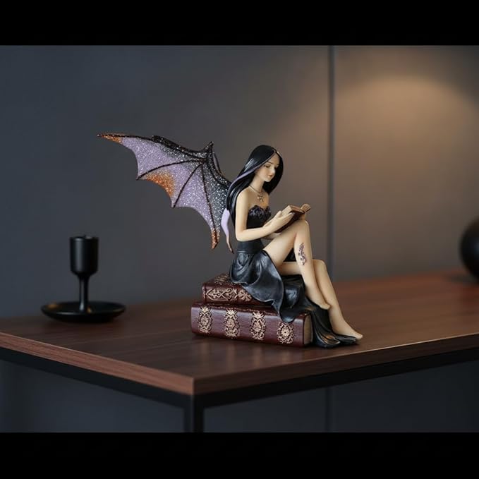 Comfy Hour 9" Reading Fairy Figurine, Gothic Dark Witch Statue Sitting on Vintage Books, Fantasy Mythical Spirit Collectible for Shelves, Polyresin Artisan Sculpture, 1 Piece