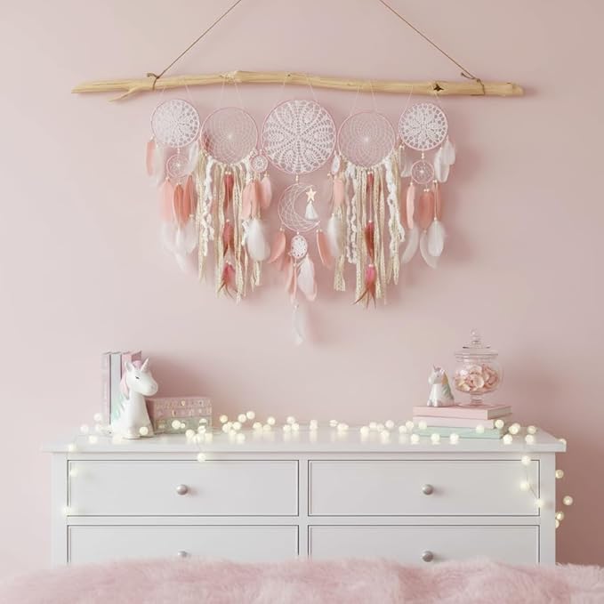 5 Pack Dream Catchers Moon Phase Boho Wall Decor Feather Handmade Traditional Macrame Wall Hanging Dream Catcher for Home, Bedroom, Living Room, Witchy Gifts (Pink Set)
