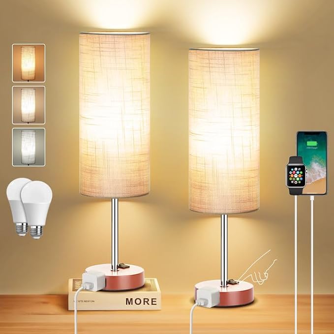 ZJOJO Table Lamp for Bedroom 2 Pack,18in Bedside Lamps with 3 Way Dimmable Rocker Switch & AC Outlet,Nightstand Desk Lamp with Gray Fabric Shade Brown Base for Living Room Home Decor Lights
