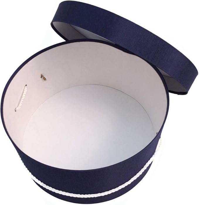 Sarah's Hat Boxes Classic Navy Hat Box – 14.75" x 7.5" (Dia. x Ht.) Handmade in USA – Odorless Non-Toxic Adhesive, Cording Handle – Premium Storage for Hats & Accessories