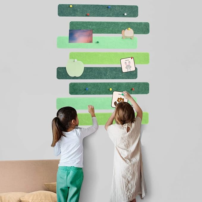 Vuzvuv 8Pcs Green Cork Board Bar Strips with 50 Pushpins & Sticky Notes, Self-Adhesive Bulletin Board Strips No Damage for Wall, Felt Pin Board for Paste Notes, Photos, Schedules Office Decor