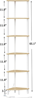 VIMBER 6-Tier Corner Shelf with LED Light, Industrial Corner Ladder Shelf, Rustic Display Shelf for Living Room, Bedroom, Kitchen, Home Office, Sturdy Frame, White and Nature Wood Color UJSJ002Q