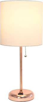 Oslo 19.5" Contemporary Bedside Power Outlet Base Standard Metal Table Desk Lamp in Rose Gold with White Drum Fabric Shade