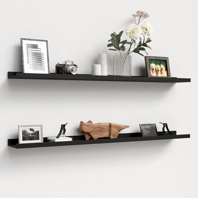 Boswillon 47.2 Inches Long Floating Shelves Wall Mounted, 2 Set Modern Wall Shelf for Bedroom, Nursery Book Shelf with Lip, Picture Ledge Shelf for Decor Living Room Bathroom Kitchen - Black