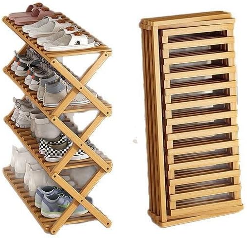 Bamboo Shoe Rack Organizer, 2-10 Tiers, Natural or Tea Color, No-Tool Assembly, Foldable Storage Shelf (Gem Green 4-Storey 100)