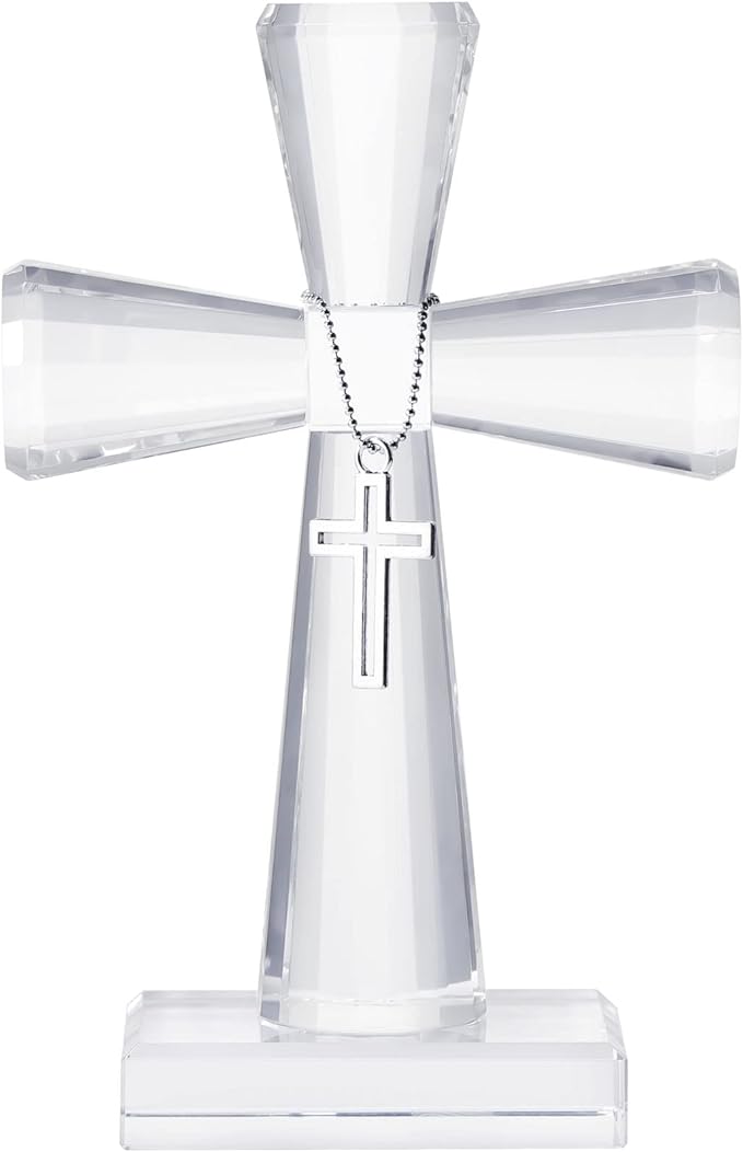 YWHL Handmade Crystal Cross Standing Religious Gifts for Women Men, Glass Cross Collectible Figurines for Home Decoration