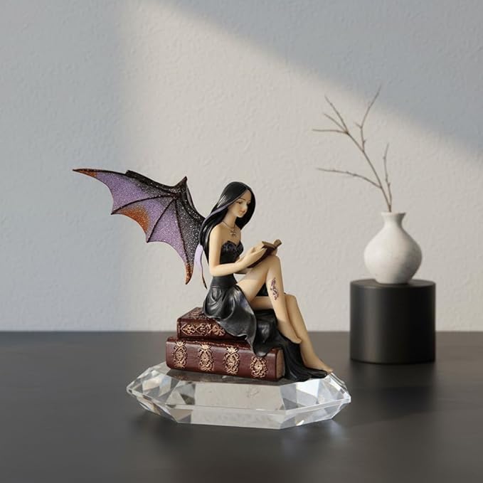 Comfy Hour 9" Reading Fairy Figurine, Gothic Dark Witch Statue Sitting on Vintage Books, Fantasy Mythical Spirit Collectible for Shelves, Polyresin Artisan Sculpture, 1 Piece