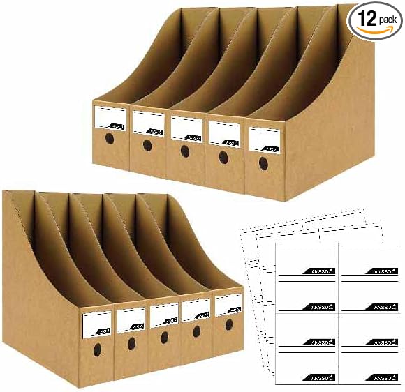ANSSDO 12 Pack Brown Cardboard Magazine Holder Bulk Kraft Magazine File Holder Magazine Organizer, Magazine Storage Box, Large Volume Magazine File Organizer as Book Bins or Folder Holder for Desk