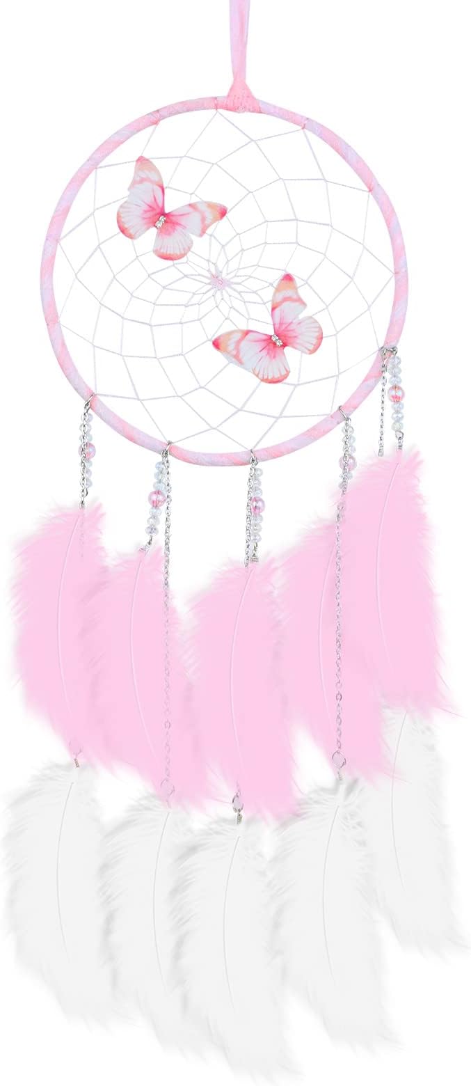 Pink Butterflies Dream Catcher Handmade Colorful Feather Dream Catchers Wall Decoration for Girls Kids ，Beautiful Wall Art. Great Decoration for Bedroom,Baby Tent,Sitting Room,Balcony,Party.