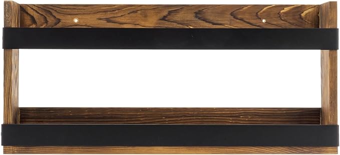 MyGift Rustic Burnt Solid Wood and Industrial Matte Black Metal Magazine Display Rack, Wall Mountable Double Wide Book Holder or Standing Organizer