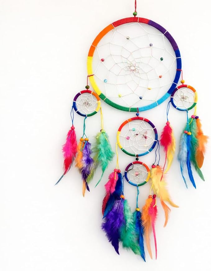 OMA Rainbow Chakra Dream Catcher Wall Decor – Handcrafted Dream Catcher with Multicolor Tie Dye Feathers for Bedroom, Living Room, Dorms & Gift – 7" Diameter x 22" Long