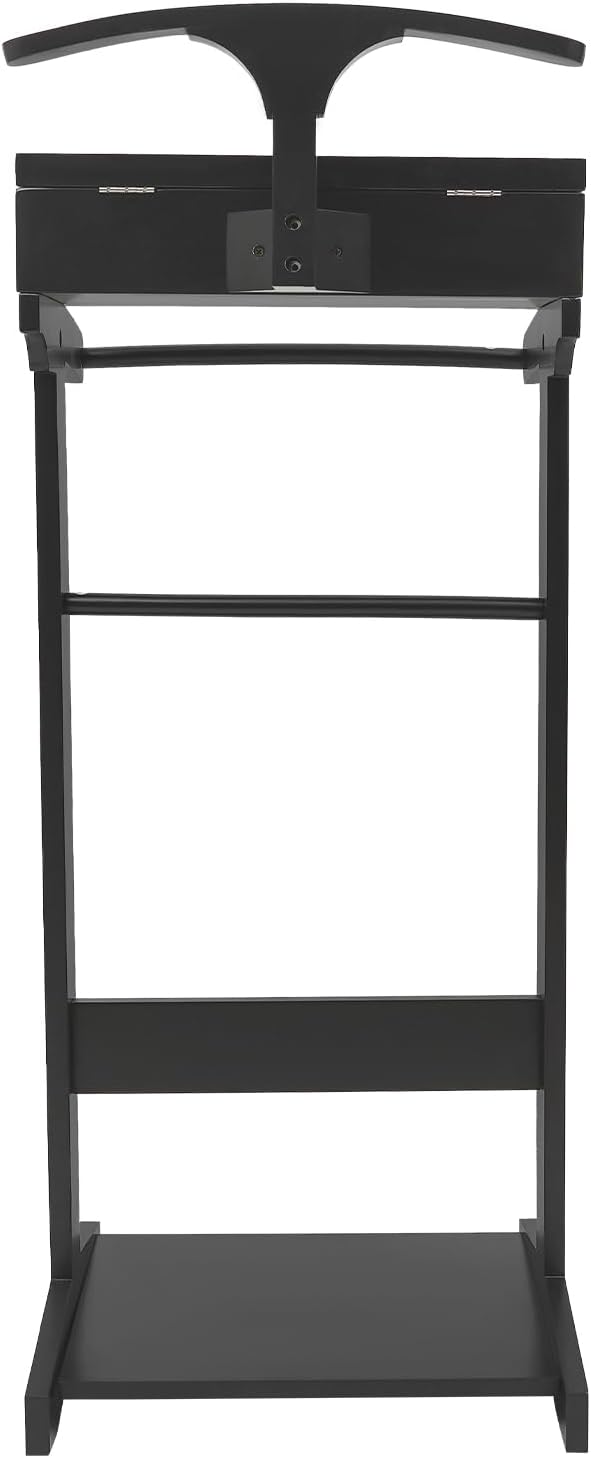 Wood Suit Rack for Men and Women, Freestanding Clothing Valet Stand with Drawer, Shoe Shelf & Hanging Suit, Valet Stands Coat Rack Suit Valet for Entryway Office Living Room (Black)