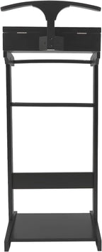 Clothes Valet Stand Holder for Men Suit Coat Rack Hanger Stand, Suit Valet Stand for Men and Women, Wood Clothes Stand with Top Tray and Storage Organizer, Clothes Trouser Bar Rack (Black)