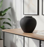 SilkSerenade Large Black Round Vase for Flowers & Table Centerpieces - 11 Inch Rustic Textured Earthy Stone Look, Matte Big Vessel Decorative Arina Modern Farmhouse Wabi Sabi Decor Living Dining Room
