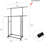 Fishat Black Simple Standard 2 Double Rod Clothing Metal Garment Rack for Hanging Clothes, Rolling Clothes Organizer with Mobile Lockable Wheels
