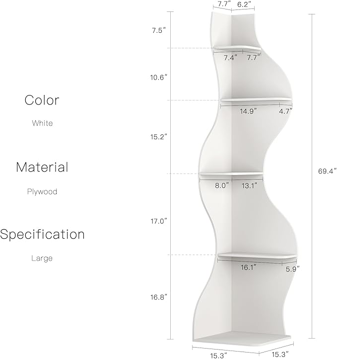 YOWOS Modern Corner Shelf, 5 Tier High Corner Bookshelf for Small Spaces, Scalloped Corner Bookshelf and Storage, Wooden Display Stand for Plants, Books and Decorations (White)