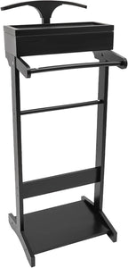 Suit Valet Stand for Men&Women, Wood Suit Rack Stand with Top Tray, Freestanding Clothing Valet Stand-22.05lbs Capacity for Home Entryway Living Room Office (Black)