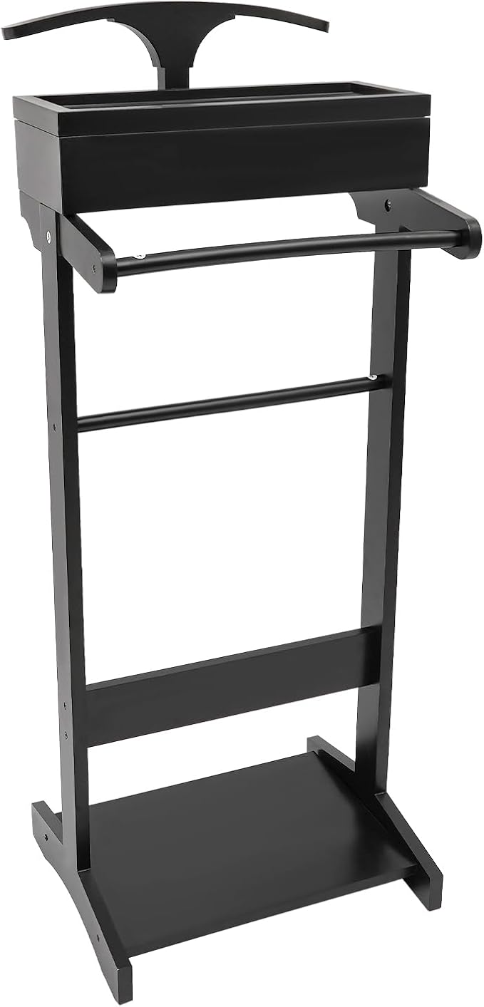Suit Valet Stand Wood Valet Stand for Man, Clothing Valet Stand with Contour Hanger, Tray, Trouser Bar, Tie Bar and Base, Mens Valet Stand for Entryway Office Living Room (Black)