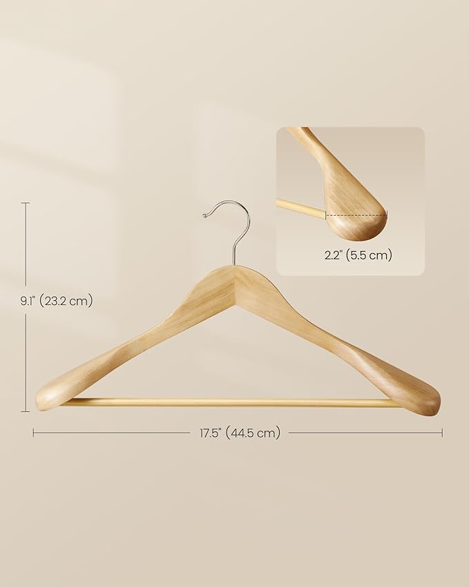 SONGMICS Extra Wide Wooden Suit Hangers, Set of 10 Clothes Hangers, Swivel Hooks, Non-Slip Bars, for Outfits, Suits, Coats, Shirts, Dresses, Natural Color UCRW050KZ02
