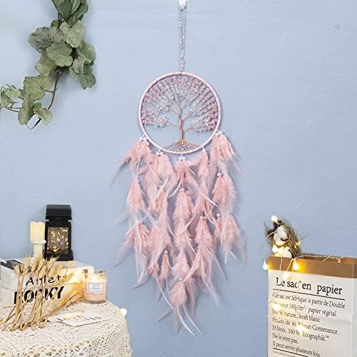 Pretty Jolly Pure Pink Tree of Life Dream Catcher Wall Decor with Healing Crystal Stone Handmade Feather Dream Catchers Decoration Wall Hanging Bedroom Living Room Wedding Party Home Decor-25.6"