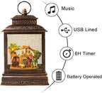 Christmas Snow Globe Lantern Water Nativity Scene & Manger Scene with Music & Timer, USB Lined/Battery Operated Lighted Lantern for Christmas Festival Decoration Gifts