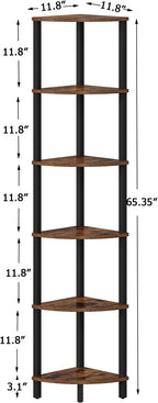 VIMBER Corner Shelf, 6-Tier Corner Bookshelf, Industrial Corner Ladder Shelf, DIY Storage Shelves, Rustic Display Shelf for Living Room, Bedroom, Kitchen, Home Office, Rustic Brown and Black UJSJ004F