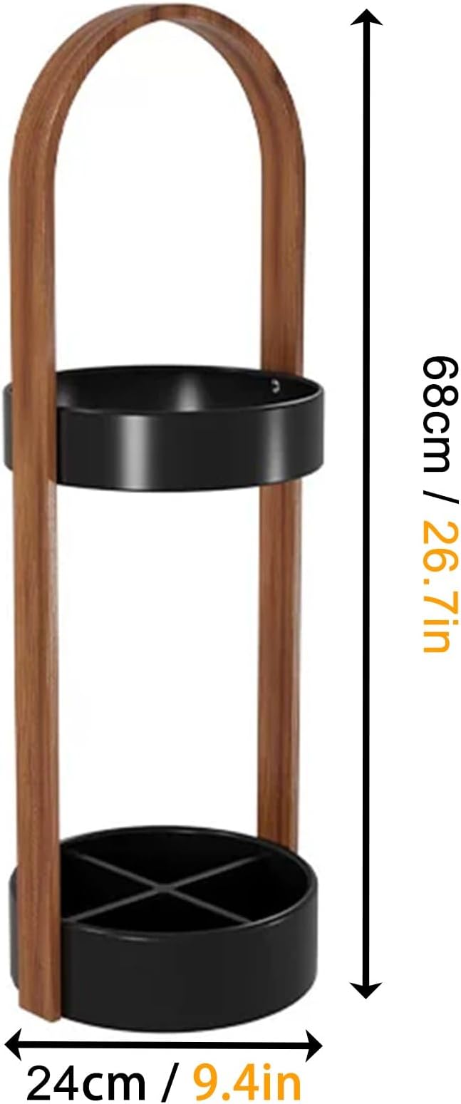 Metal Round Umbrella Stand Rack with Water Collection Tray, Solid Wood Umbrella Holder with Multiple Hooks, Canes Storage Stand Rack for Office, Home, Entryway(Black)