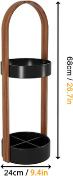 Metal Round Umbrella Stand Rack with Water Collection Tray, Solid Wood Umbrella Holder with Multiple Hooks, Canes Storage Stand Rack for Office, Home, Entryway(Black)