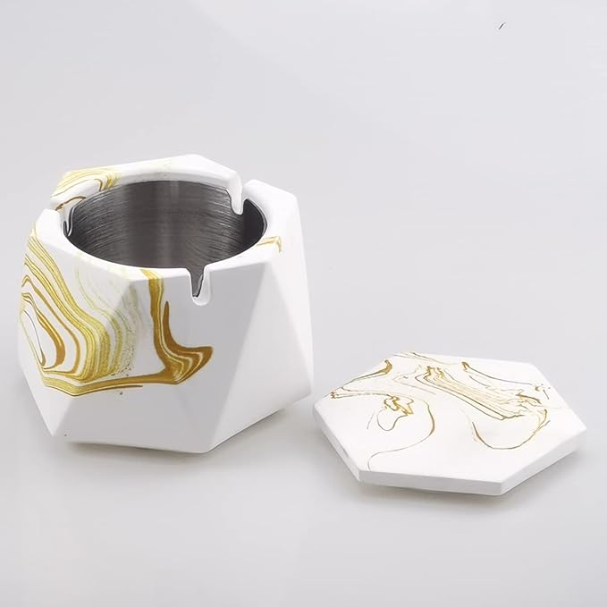 FREELOVE Concrete Ashtray with Lid & Stainless Steel Ashtrays for Cigarettes, Cement Ash Tray Smoking Holder Indoor Smokeless Outdoor Windproof Patio Home Office Cool Decor(Gold Marble, Large)