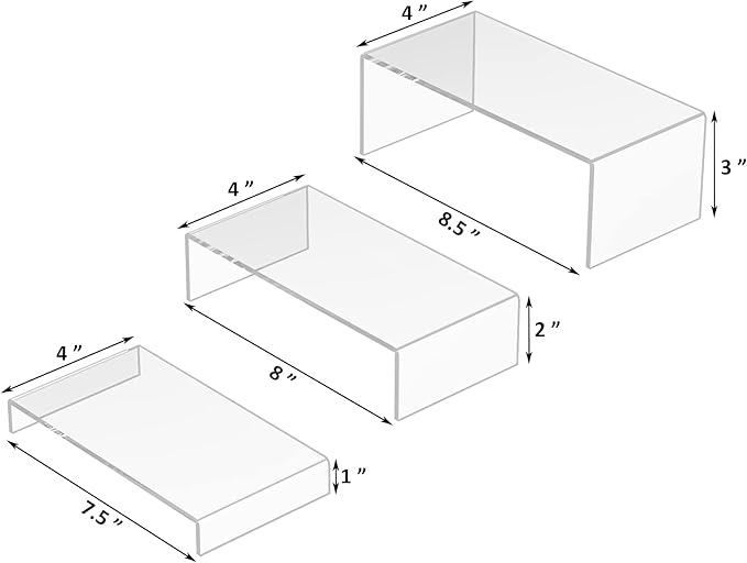 Sezanrpt Acrylic Risers Display Stands 3pcs, Rectangular Dessert Table Display Set, Clear Display Shelf for Funko Pop, Collectibles, Retails, Shoes, Plants, Home Decors, Decoration - 7.5''x8''x8.5''