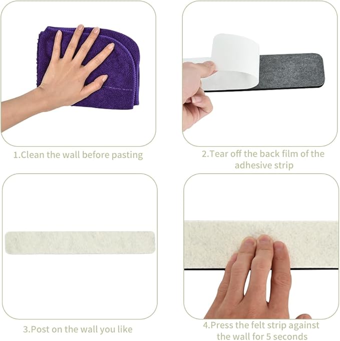 Vuzvuv 8 pcs Bulletin Board Bar Strips with 50 Pushpins & 10 Wooden Clip pins，Self Adhesive Cork Board for Wall，Felt Pin Board for School，Office Decor(Cream White)
