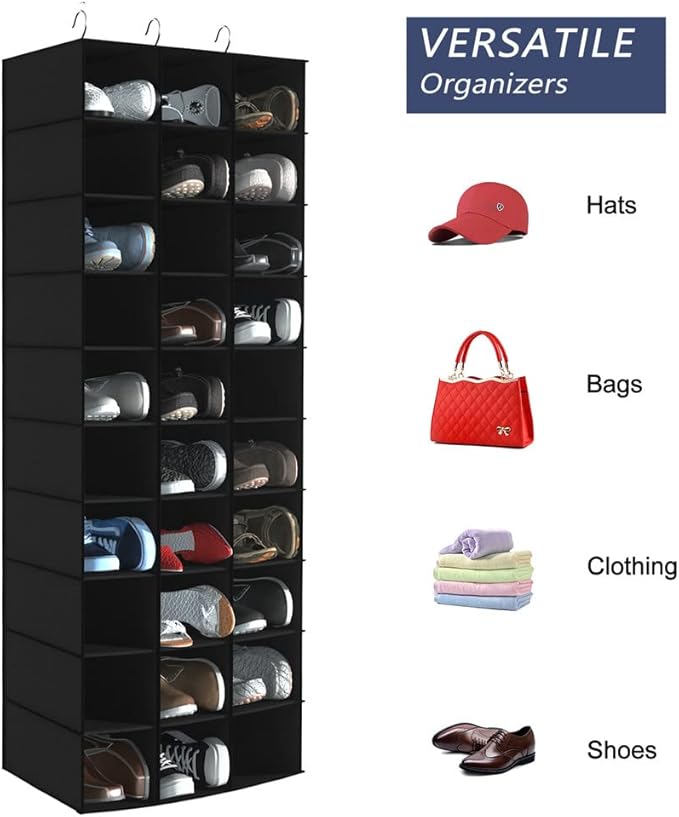 coastal rose Hanging Shoe Organizer for Closet, 30 Sections Hanging Closet Organizers and Storage Shelves, Space Saving Hanging Shoe Storage, Black, 17''W×11.5''Dx 48''H