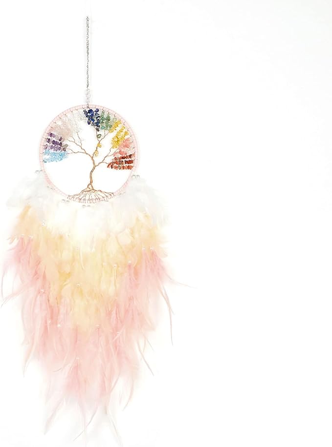 Pretty Jolly Rainbow Tree of Life Dream Catcher Wall Decor with Healing Crystal Stone Handmade Colorful Feather Dream Catchers Decoration Wall Hanging Bedroom Living Room Wedding Party Gift-25.6"