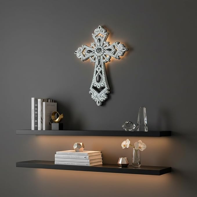 Comfy Hour 13.8" Decorative Hollow Out Wall Cross, Rustic White Victorian Style Religious Plaque, Artisan Finished Spiritual Wall Art for Home Sanctuary & Office, Polyresin Sculpture, 1 Piece