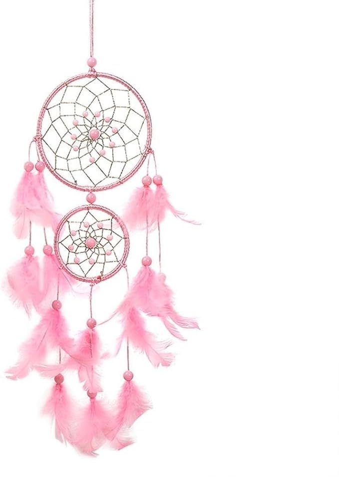 Handmade Homemade Beautiful Natural Feathers Double Pink Dream Catcher Wall Hanging Home Decoration