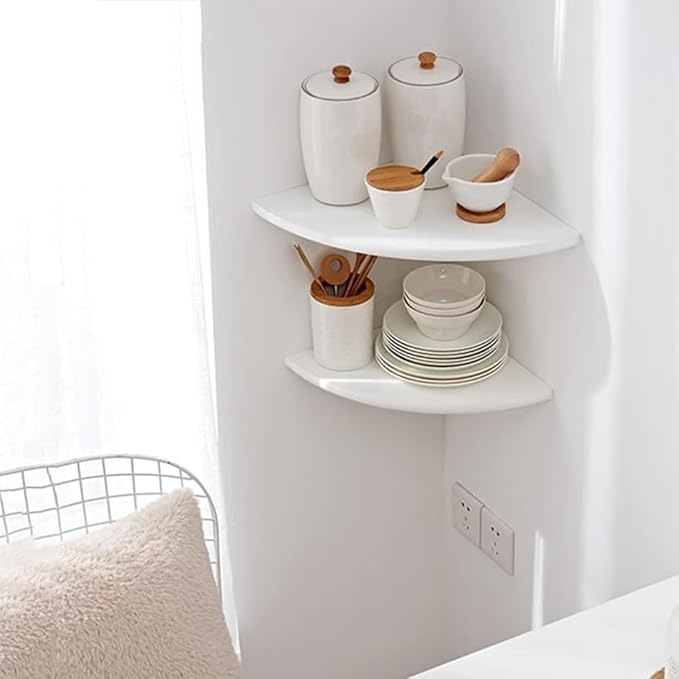 White Corner Shelf, Wall Mount 12inch Natural Oak Wood Floating Corner Wall Shelf Round End Small Corner Nightstand Plant Shelf for Bedroom, Kitchen, Living Room Set of 2