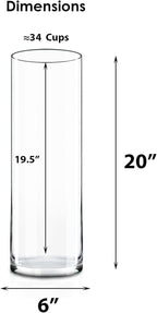 CYS EXCEL Cylinder Clear Glass Vase (H:20" D:6") | Multiple Size Choices Glass Flower Vase Centerpieces | Hurricane Floating Candle Holder Vase