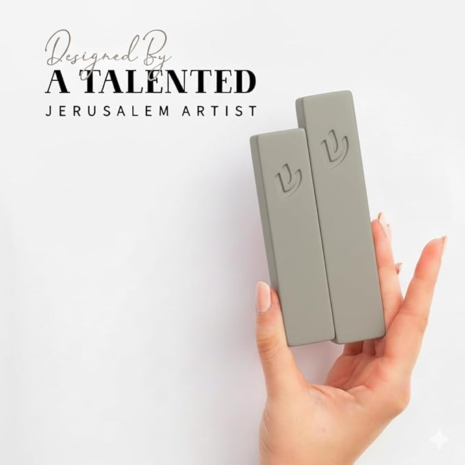 SURI Mezuzah and Printed Scroll Set – 5 Inch Light Gray Concrete Mezuzah Case, Self-Stick Adhesive, Fits a 4 Inch Mezuza Scroll, Gift Box Included