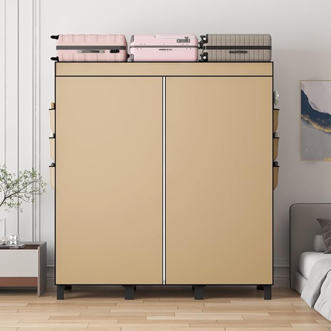 Portable Closet, 51.18" Large Capacity Clothing Storage Organizer with 3 Hanging Rods 6 Shelves 18 Side Pockets, Dustproof Sturdy Wardrobe for Bedroom Dorm Rental Apartment（Colour, Large）