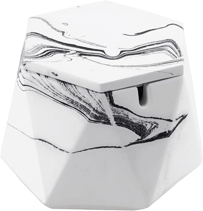 FREELOVE Concrete Ashtray with Lid & Stainless Steel Ashtrays for Cigarettes, Cement Ash Tray Smoking Holder Indoor Smokeless Outdoor Windproof Patio Home Office Cool Decor(White Marble, Large)